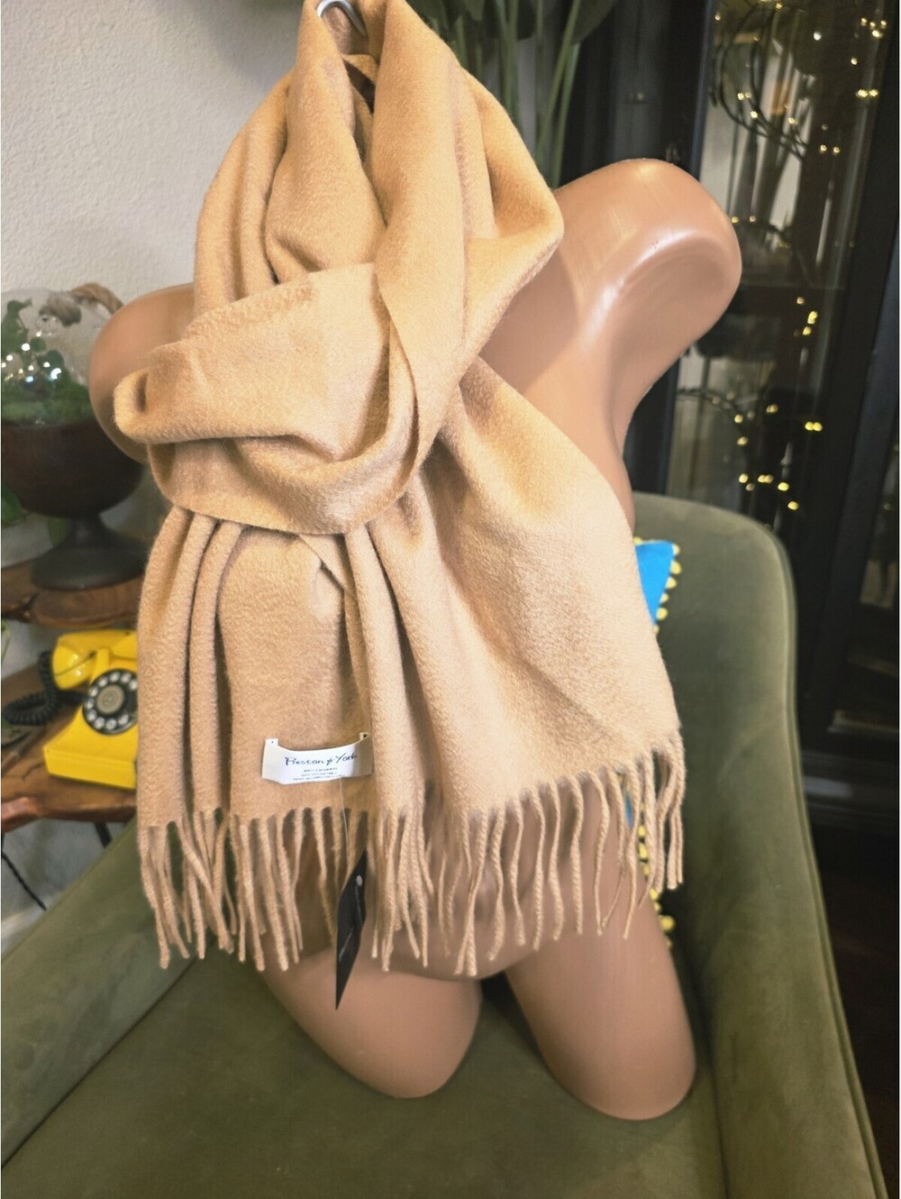 NWT Preston & York 100% Cashmere Scarf Camel Tan Beige Fringe Luxury Winter Warm